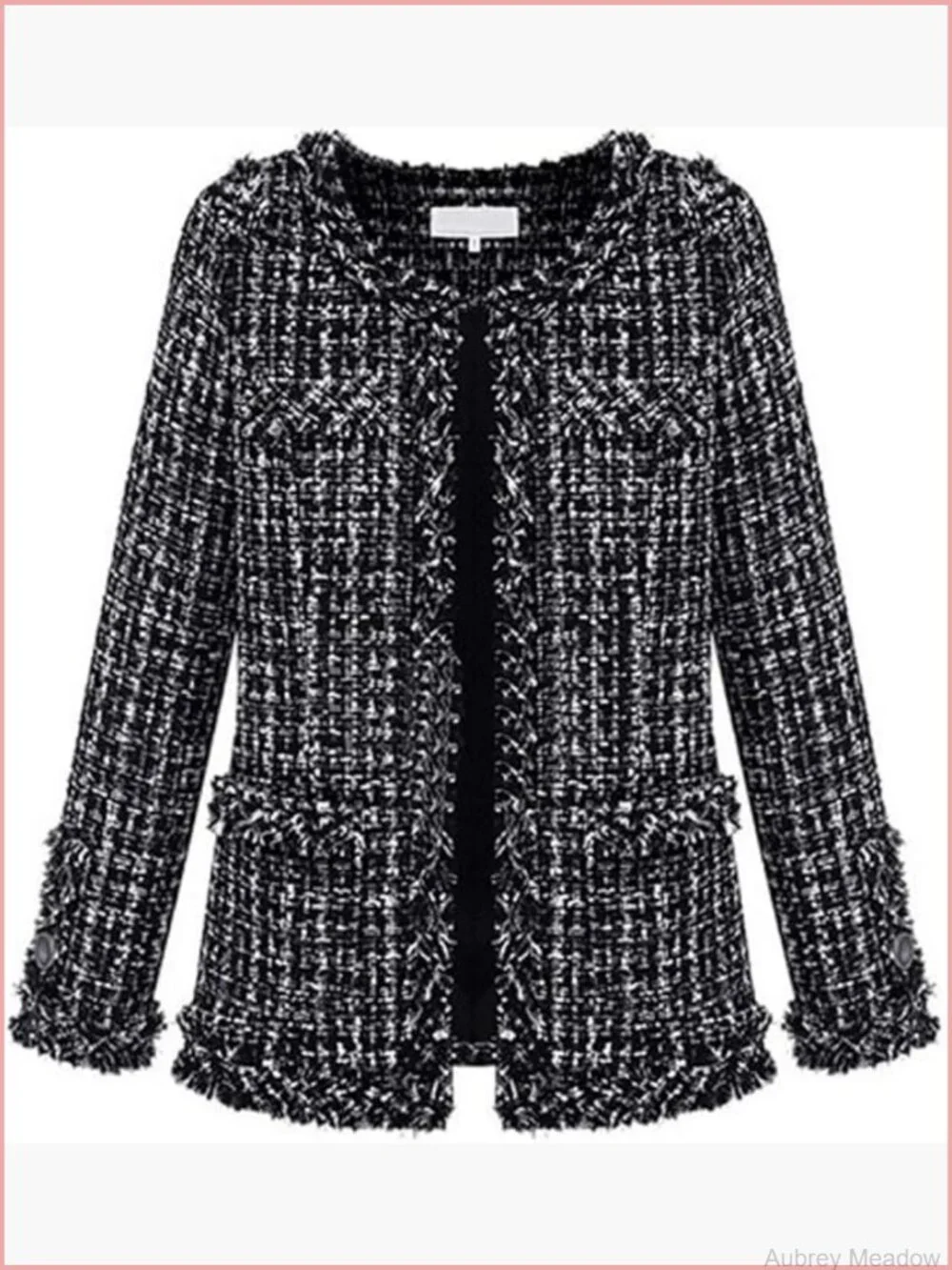 Vintage Chunky Tweed Plaid Blazer Open Front Fringed Casual Business Jacket